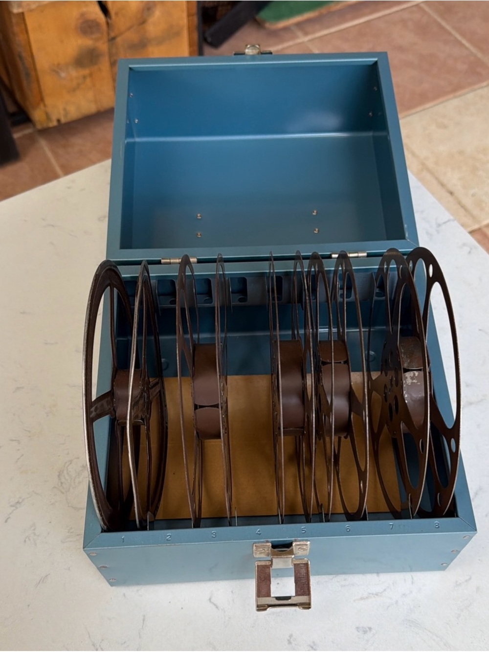 VTG Blue Metal Film Reel Storage Box with 5 Metal Reels